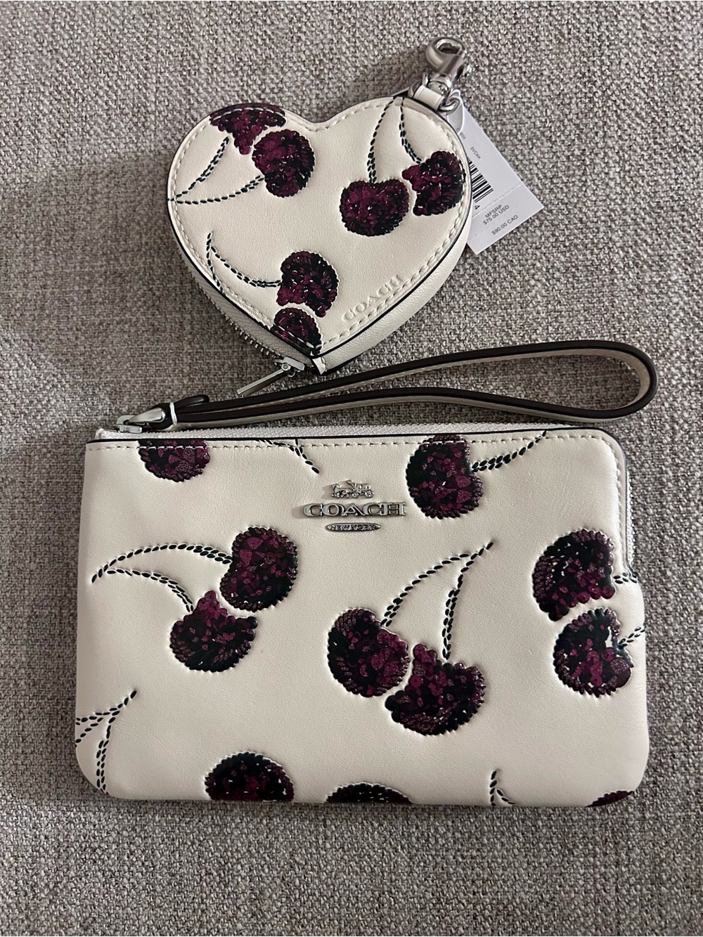 COACH White Leather Cherry Sequin Wristlet with Heart Coin Pouch
